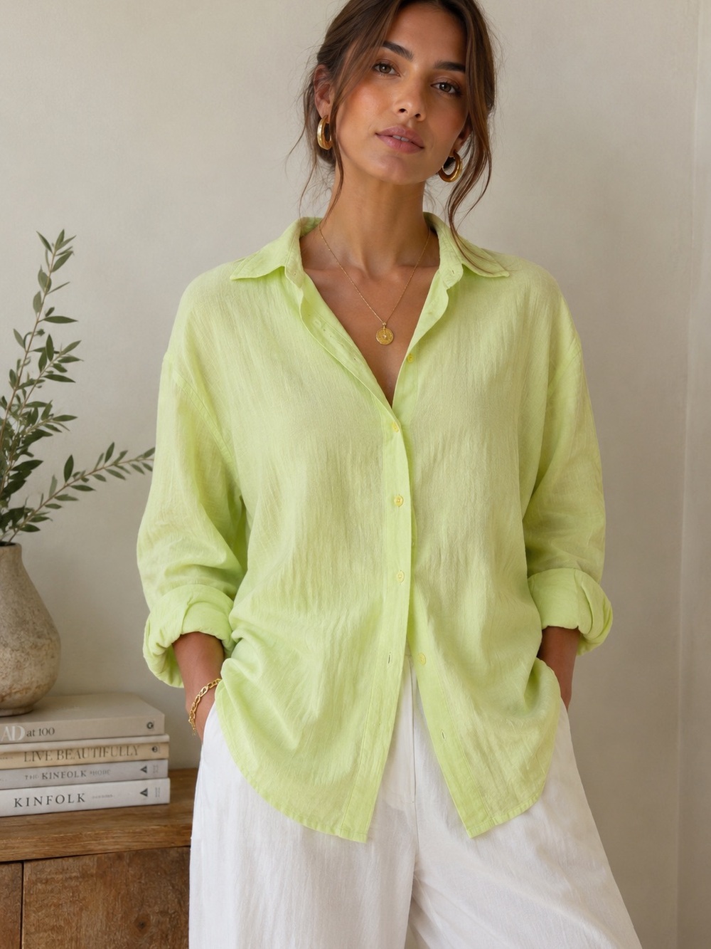 Express Boyfriend Portofino Lime Button-Down Shirt